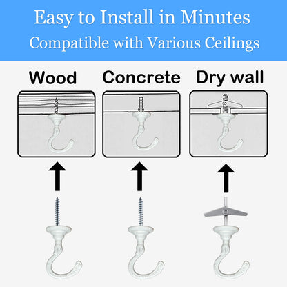 Evsteluo 4 Sets Heavy-Duty Ceiling Hooks with Complete Kit – Fit Wood, Cement & Drywall Ceilings for Hanging Plants (White)