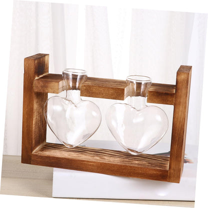 PRETYZOOM 2Pcs Retro Heart Shaped Hydroponics Planter with Wooden Rack Glass Vases for Flower Arrangement and Green Plant Propagation Temperature Resistant Decorative Terrarium for Home
