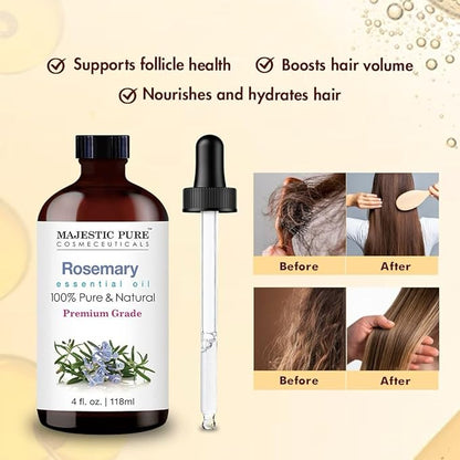 Majestic Pure Essential Oil with Glass Dropper - 100% Pure and Natural - Essential Oils for Diffuser, Aromatherapy, Soap and Candle Making, Rosemary Essential Oil, Rosemary Oil, 4 Fl Oz