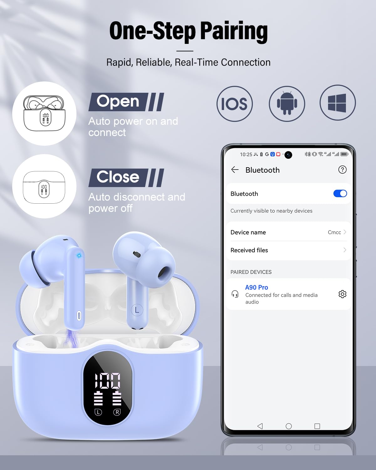 Wireless Earbuds, Bluetooth 5.4 Headphones Bass Stereo, Ear Buds with Noise Cancelling Mic, LED Display in Ear Earphones Clear Calls, IP7 Waterproof Bluetooth Earbuds for Laptop/Phones, Pale Blue