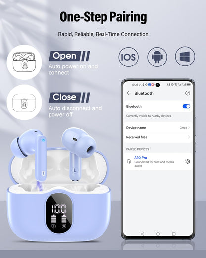 Wireless Earbuds, Bluetooth 5.4 Headphones Bass Stereo, Ear Buds with Noise Cancelling Mic, LED Display in Ear Earphones Clear Calls, IP7 Waterproof Bluetooth Earbuds for Laptop/Phones, Pale Blue