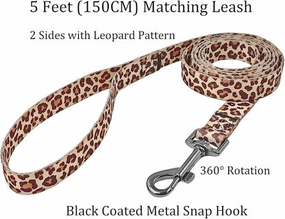 Dog Collar Leash Set, Leopard Pattern, Polyester Material, Adjustable Collar and 5ft Matching Leash, for Small Dogs.(S, Light Coffee Leopard)