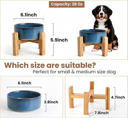 hjn Elevated Ceramic Dog Bowl with Bamboo Stand, Raised Pet Feeding Station for Small Medium Dogs Cats, Modern Design with Anti-Slip Base (Deep Blue, 3.6Cup)