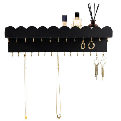 Lampaggio Wall Mount Jewelry Organizer with 28 Hooks and Cosmetics Shelf, Modern Wood Hanging Jewelry Holder for Necklaces, Bracelets, Earrings and Rings, Black