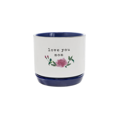 Pavilion Gift Company - Mom - Planter with Attached Dish, Ceramic Planter with Drainage Hole, Succulent Orchid Flower Pot, Unique, 1 Count (Pack of 1), 4.75 x 4.25 inches