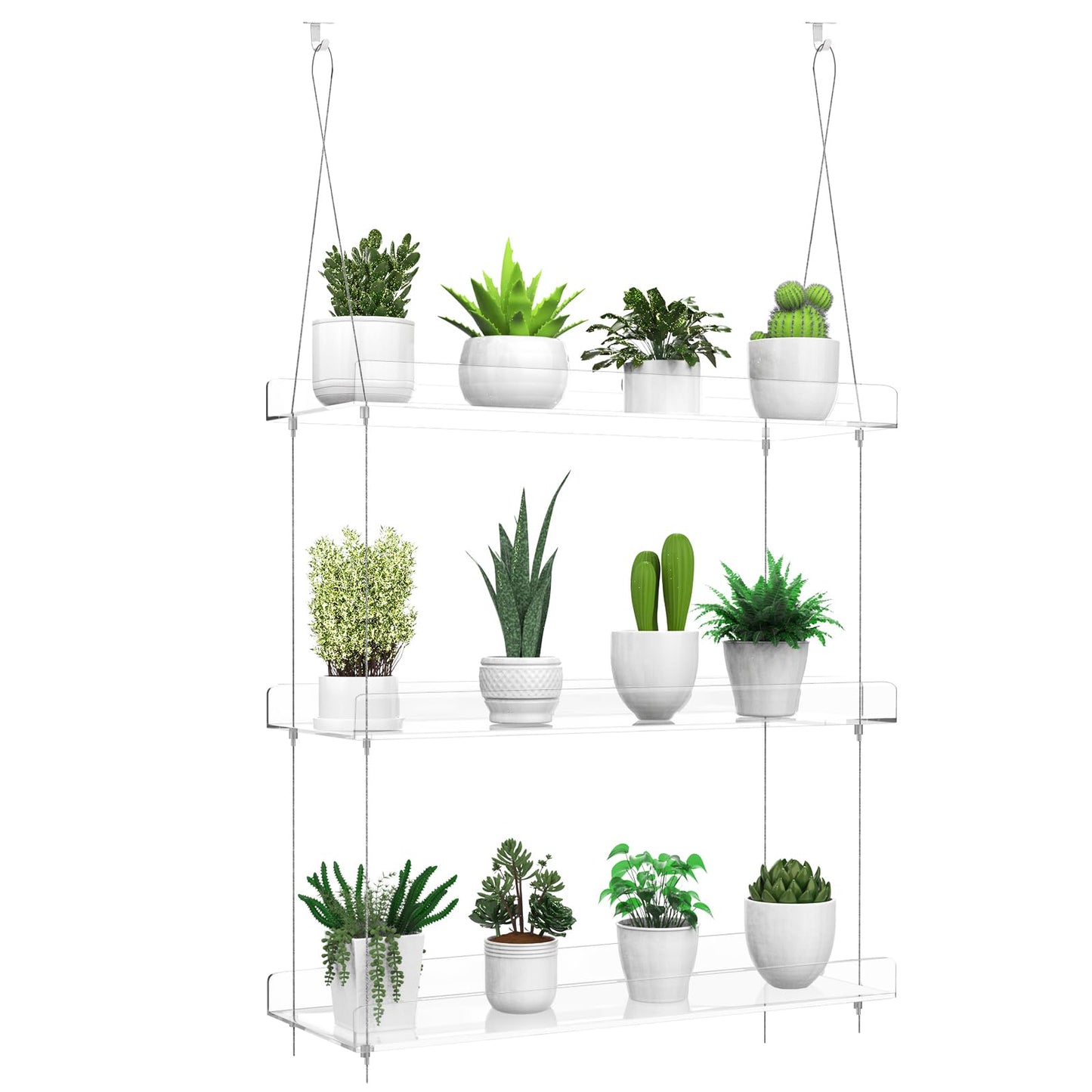 ZerzSemp 3-Tier Hanging Clear Plant Shelves for Windows, Acrylic Window Wall Plant Stand Shelf for Kitchen Indoor Gardens, Flower, Herb, Seedling Organization, and Pots Display, 16 Inch per Tier
