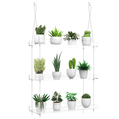 ZerzSemp 3-Tier Hanging Clear Plant Shelves for Windows, Acrylic Window Wall Plant Stand Shelf for Kitchen Indoor Gardens, Flower, Herb, Seedling Organization, and Pots Display, 16 Inch per Tier