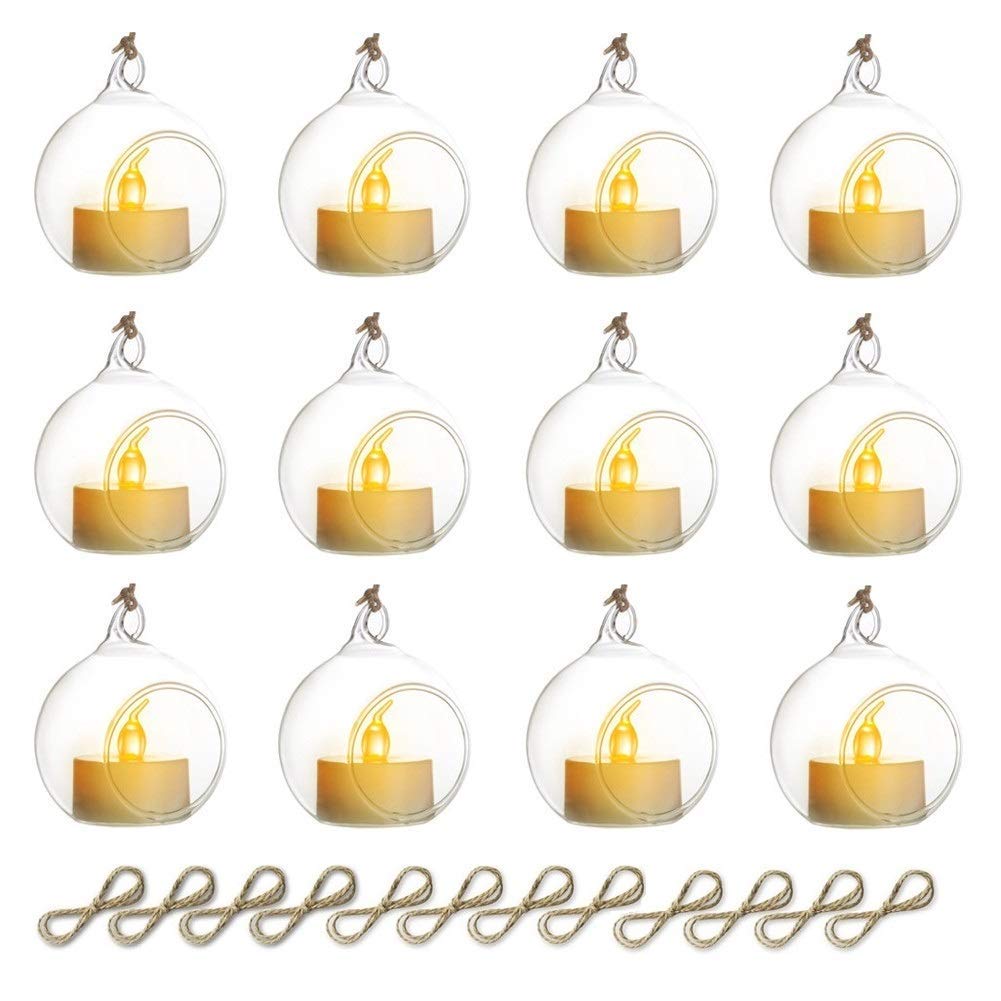 Sziqiqi Hanging Glass Globes Orbs Tea Light Candle Holders with Flameless LED Tealight for Wedding Ornaments, Wedding Birthday Christmas Party Centerpiece Accessory 2.36inch 10pcs +2 Extra