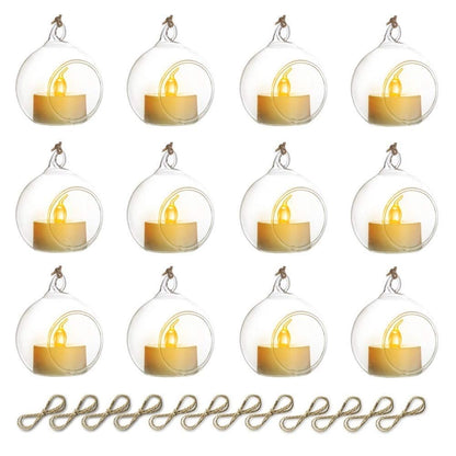 Sziqiqi Hanging Glass Globes Orbs Tea Light Candle Holders with Flameless LED Tealight for Wedding Ornaments, Wedding Birthday Christmas Party Centerpiece Accessory 2.36inch 10pcs +2 Extra