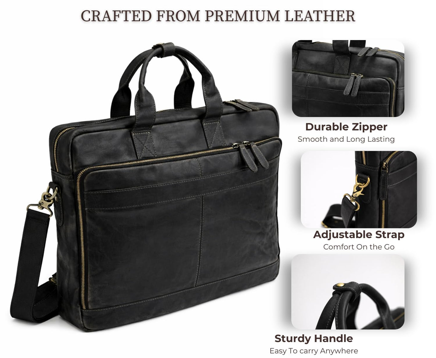NomadCraftsCo. Black Leather Messenger Bag for Men, Genuine Leather Briefcase, 18 Inch Work Satchel for Office, Travel, and Business Use