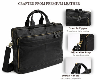 NomadCraftsCo. Black Leather Messenger Bag for Men, Genuine Leather Briefcase, 18 Inch Work Satchel for Office, Travel, and Business Use