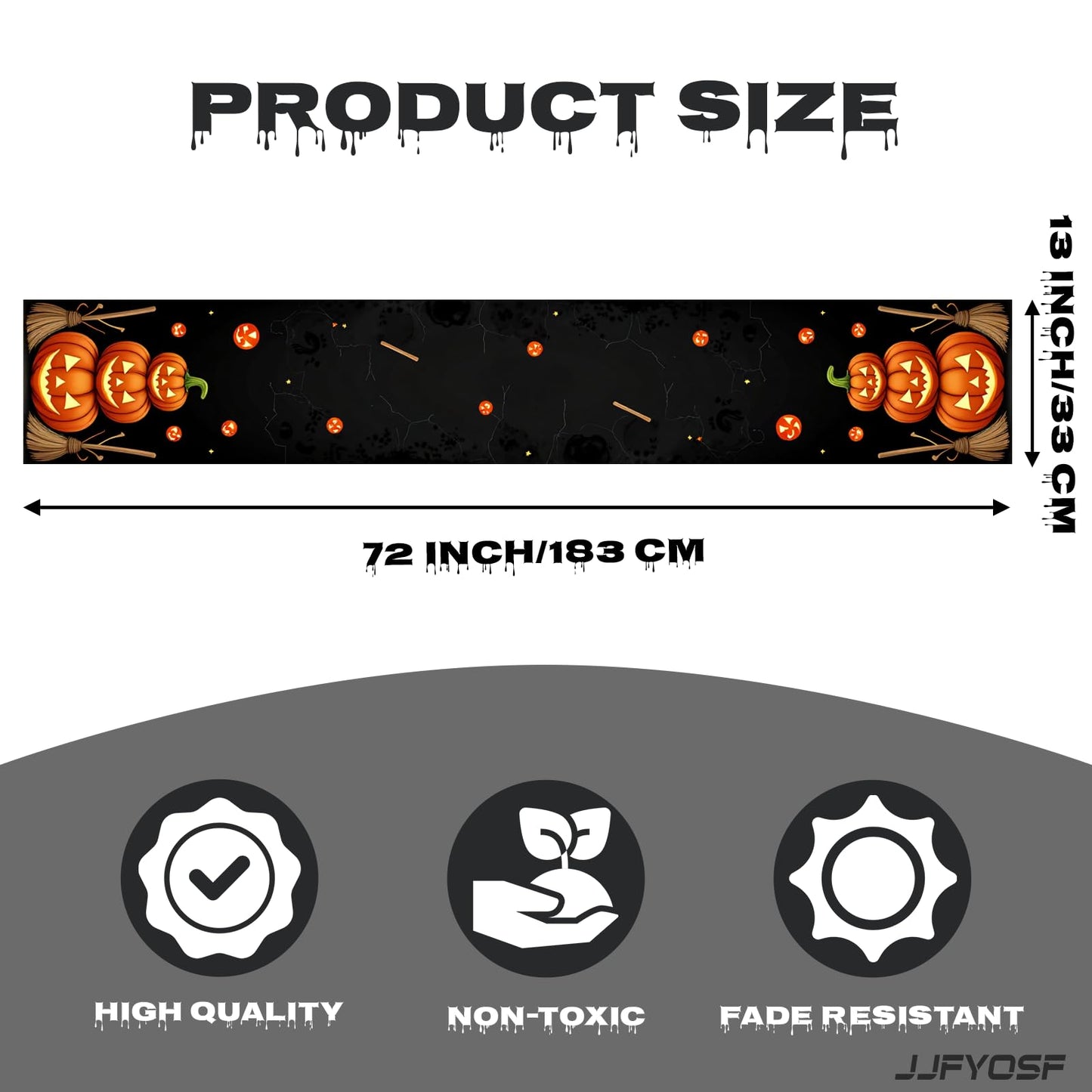 JJFYOSF Halloween Table Runner - Stacked Jack-O’-Lantern Pumpkins with Witch Broom Design, Spooky Pumpkin Dining Table Decoration for Halloween Party & Home Décor 13x72 Inch (Pumpkin & Broom)