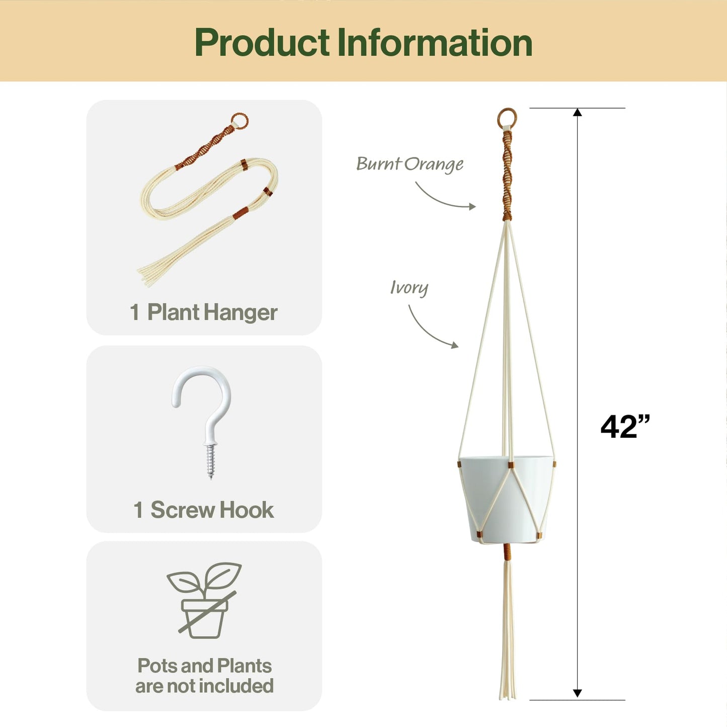 LET BE Macrame Plant Hanger Polyester Rope 42 Inch Outdoor Indoor Adjustable Hanging Planter for up to 10 Inch Plant Pot Modern Boho Home Decor (1, Ivory/Burnt Orange)