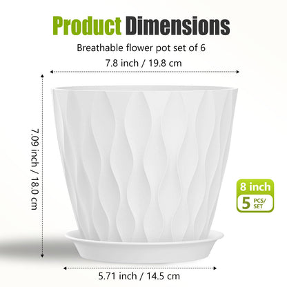 SQKH 8 Inch Plastic Plant Pots,Set of 5 Flower Pots,Planters with Drainage Holes & Saucers, Indoor Outdoor Garden Pots for Home Decor(White)
