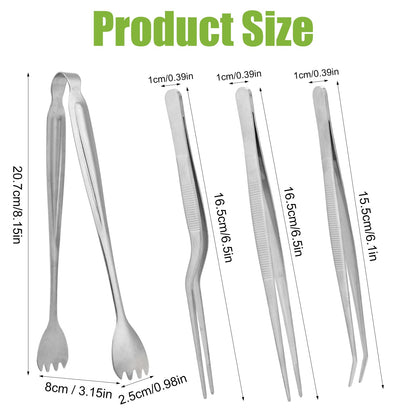 Seedling Transplant Tong & 3pcs Tweezers Set, Stainless Steel Long Thin Seed Starter Seedling Transplanting Pliers Gardening Planting Tool Stuffer Supplies for Plant Lowering Root Damage (Silver)
