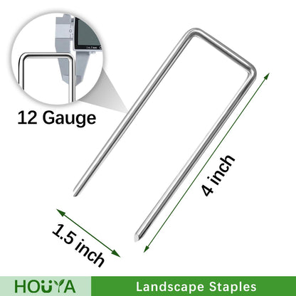 HOUYA 100 Pack Landscape Staples 4 Inch 12 Gauge Garden Stakes Galvanized Garden Staples Pins Anti-Rust Ground Stakes for Weed Barrier, Irrigation Tubing, Yard Lawn, Landscape Fabric