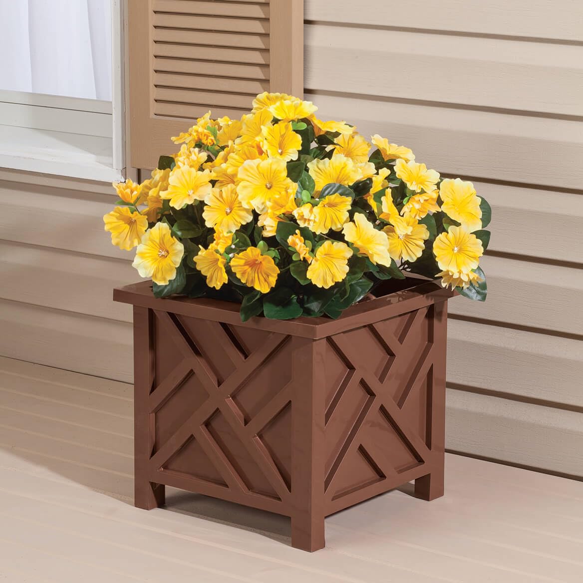 Brown Chippendale-Style Planter Boxes - Set of 2 | Elegant Outdoor Planters | Durable Polypropylene | Lattice Pattern | Tool-Free Assembly | 14.75" and 11.5" Sq. | Holds 22 lbs Each
