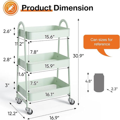 NEWBULIG 3-Tier Metal Rolling Storage Cart, Heavy Duty Mobile Utility Organizer Shelf with Lockable Wheels, Multifunctional Trolley for Daily Supplies, Home Indoor Daily Use, Green