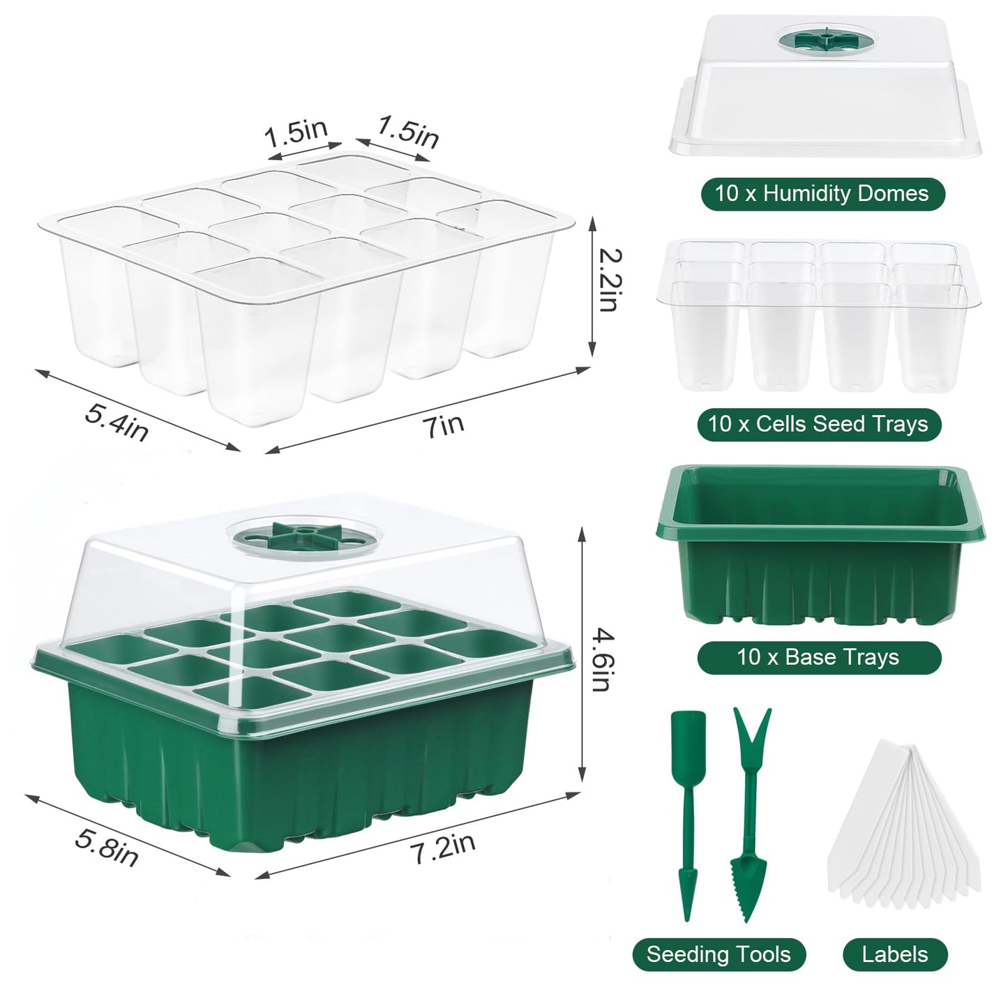 VPQZUPG 10 Pcks Seed Starter Tray 120 Cells Seed Starter Kit with Humidity Dome, Seed StartingTrays for Seed Seedling Planting Starter, Mini Greenhouse Plant Germination Trays（Green）