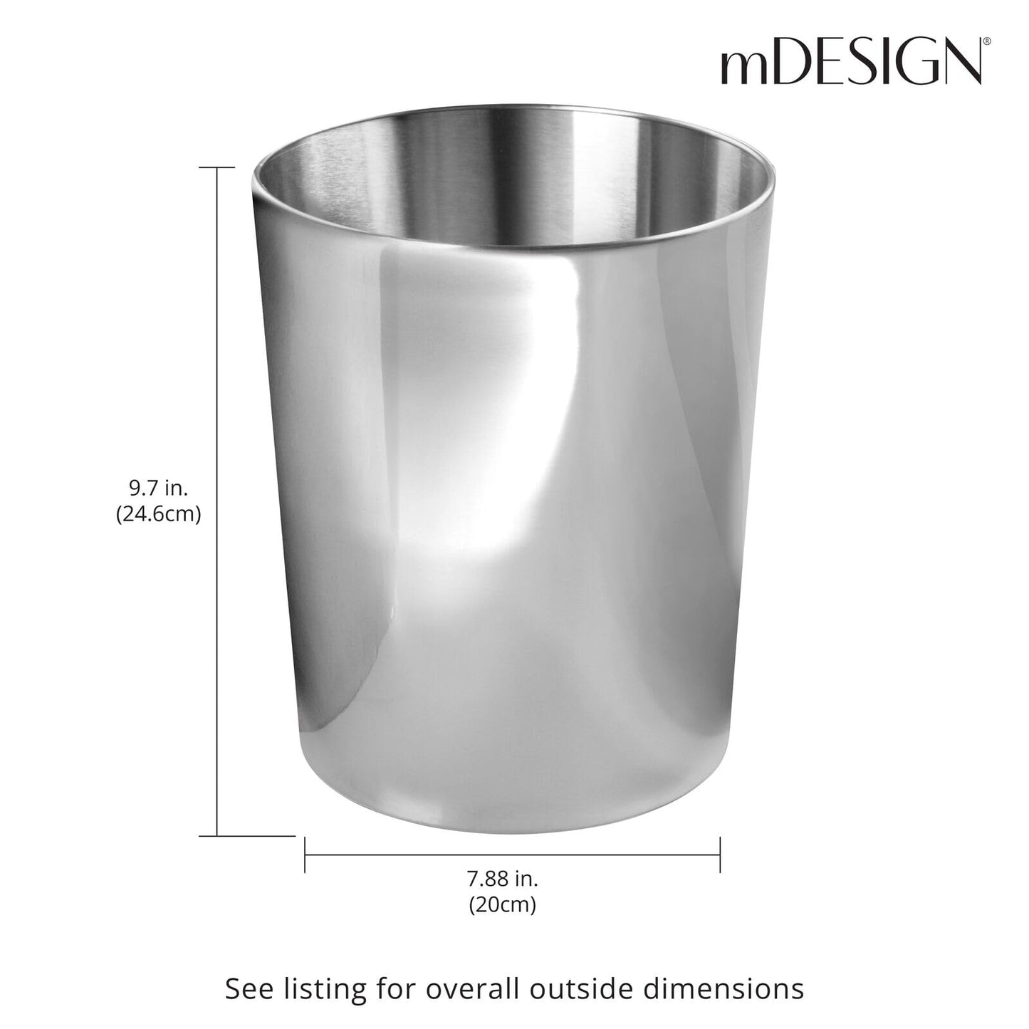 mDesign Round Metal Small 1.7 Gallon Recycle Trash Can Wastebasket, Garbage Container Bin for Bathrooms, Kitchen, Bedroom, Home Office - Durable Stainless Steel - Mirri Collection - Polished