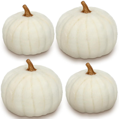 Preboun 4 Pieces Large Wool Fall White Pumpkin Thanksgiving Decor Artificial Fabric Pumpkin Harvest Felt Fake Pumpkins for Decorating for Fall, Thanksgiving, Halloween, Wedding Parties Decoration