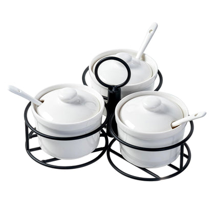 MyGift 10 Pc Set Ceramic Ramekin Condiment Dip Bowl with Lids and Spoons and Deluxe Modern Black Metal Wire Serving Rack for Sauces and Condiments