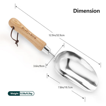 Berry&Bird Garden Loose Soil Scoop, Stainless Steel Hand Shovel Spade with Wood Handle Multi Function Gardening Trowel Spoons for Transplanting, Digging, Planting, Cultivation