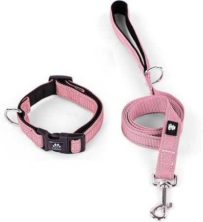IVY&LANE Reflective Dog Collar and Leash Set,Adjustable Neoprene Padded Dog Collars for Puppy, Breathable Nylon Pet Collar for Small Medium Large Dogs (Large,Pink)