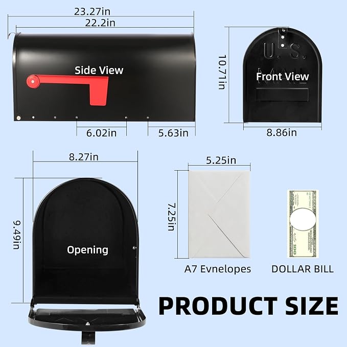 Mirok Large Mailboxes for Outside Post Mount, Black Galvanized Steel Heavy Duty Metal Mailbox, Rust-Resistant Large Capacity Mail Boxes for House Outside, 22 x 10.7 x 8.9 Inches