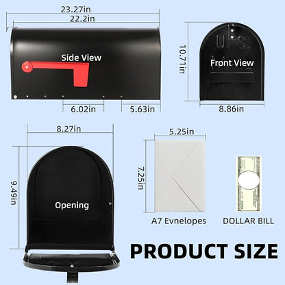 Mirok Large Mailboxes for Outside Post Mount, Black Galvanized Steel Heavy Duty Metal Mailbox, Rust-Resistant Large Capacity Mail Boxes for House Outside, 22 x 10.7 x 8.9 Inches