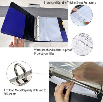 wionsnowy Vintage Hardback 3 Ring Binder Professional Leather Binder Organizer Round Rings Holds 200 Sheets with 2 Inner Pockets(1.5 Inch,Brown, Black) (Blue)