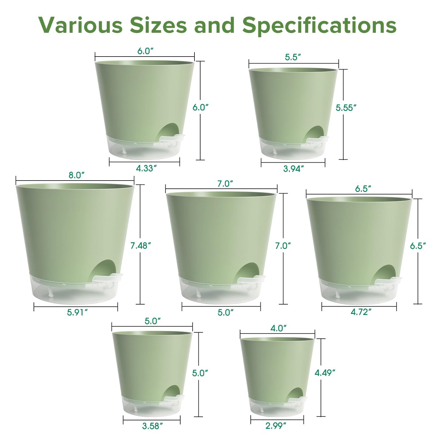 GARDIFE 2026 Upgraded Self Watering Plant Pots with Drainage Hole, 8/7/6.5/6/5.5/5/4 Inch Flower Planting Containers for House Plants, African Violet, Flowers, Cactus (Green, 8+7+6.5+6+5.5+5+4 inch)