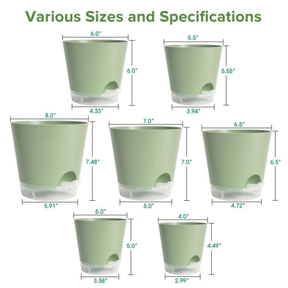 GARDIFE 2026 Upgraded Self Watering Plant Pots with Drainage Hole, 8/7/6.5/6/5.5/5/4 Inch Flower Planting Containers for House Plants, African Violet, Flowers, Cactus (Green, 8+7+6.5+6+5.5+5+4 inch)