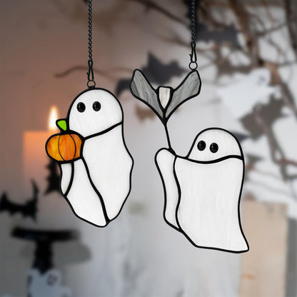 LITEPEDIA Ghosts Decor Stained Glass Window Hangings,Halloween Bat Ornament Stained Glass Suncatcher for Window,Cute Ghosts Gifts for Girls Boys,Funny Halloween Pumpkin Party Decor