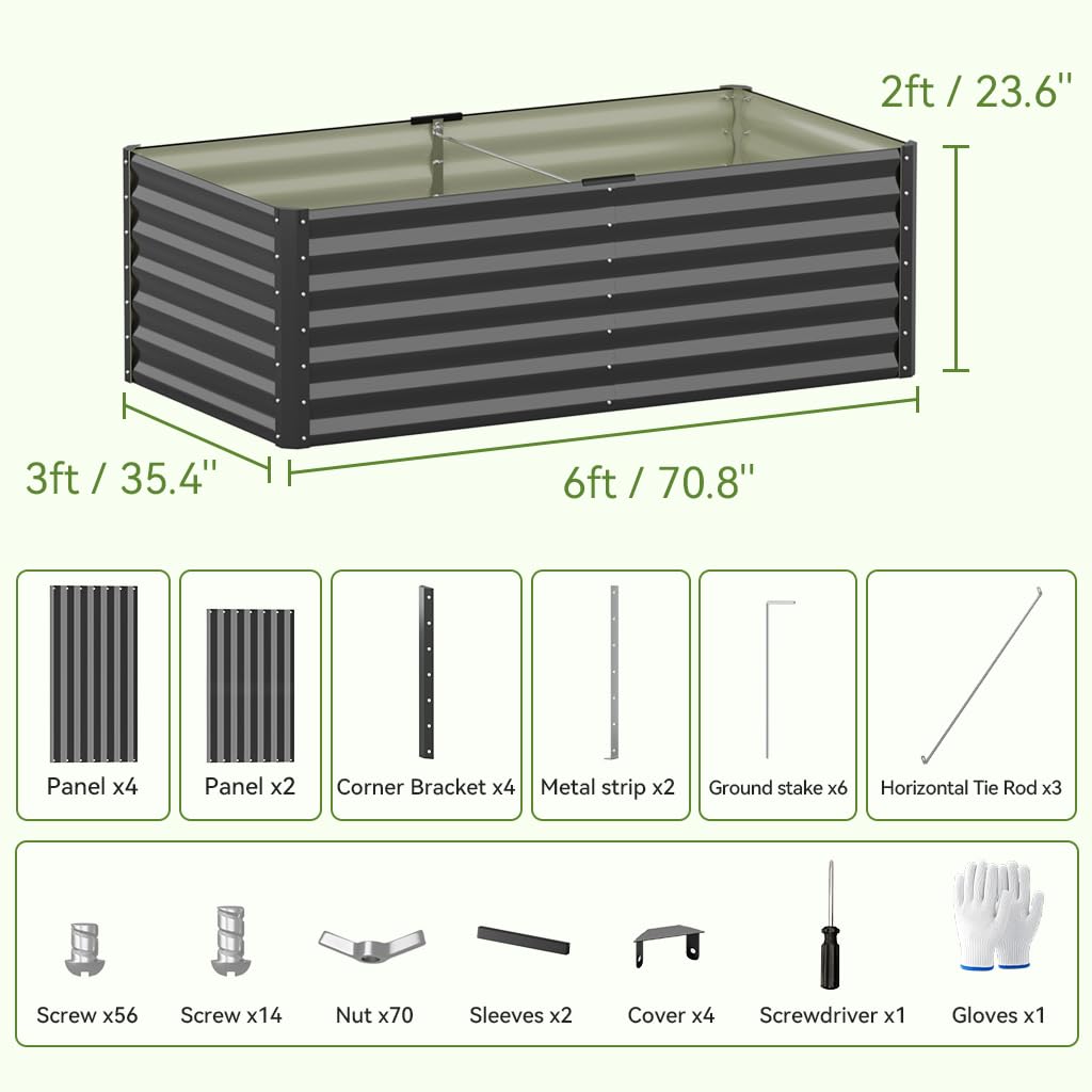 COMHOMA Raised Garden Bed 6x3x2ft,Galvanized Metal Planter Box Kit for Outdoor Gardening,Large Vegetable Flower Growing Beds with Gloves Tools,Black