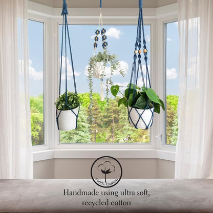 Set of 3 Macrame plant hangers with Daisies & Beads Hanging plant holder Macrame Plant hangers outdoor and indoor hanging planters Plant stand indoor Boho Decor hanging planter stand (Peacock Blue)