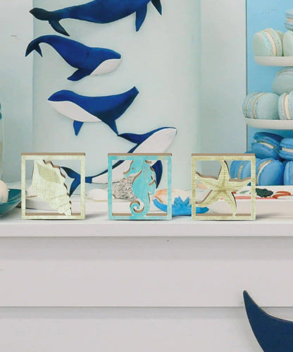 Putuo Decor Coastal Decor, Ocean Themed Tabletop Decor Set of 3, Seashore Seahorse Starfish and Shell MDF Desk Accents for Living Room, Bedroom, Office, Beach House