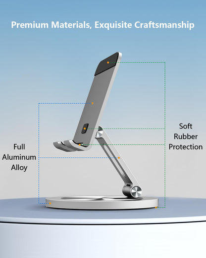YCNEW Phone Stand for Desk, 360° Rotating Dual Adjustable Foldable Holder, Heavy Solid All-Aluminum Base Anti-Slip Stable Support for Home Office Study, Fits iPhone Galaxy 4-8" Phones (Silver)