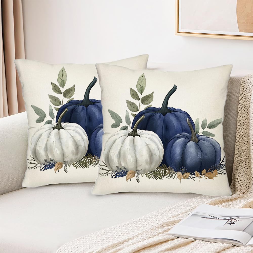 MAZSHTTD Pillow Cover Fall Blue Pumpkin Throw Pillow Covers 18x18 Inch Set of 2 Fall Autumn Decorations for Home Farmhouse Thanksgiving Halloween Pillow Case for Couch Sofa