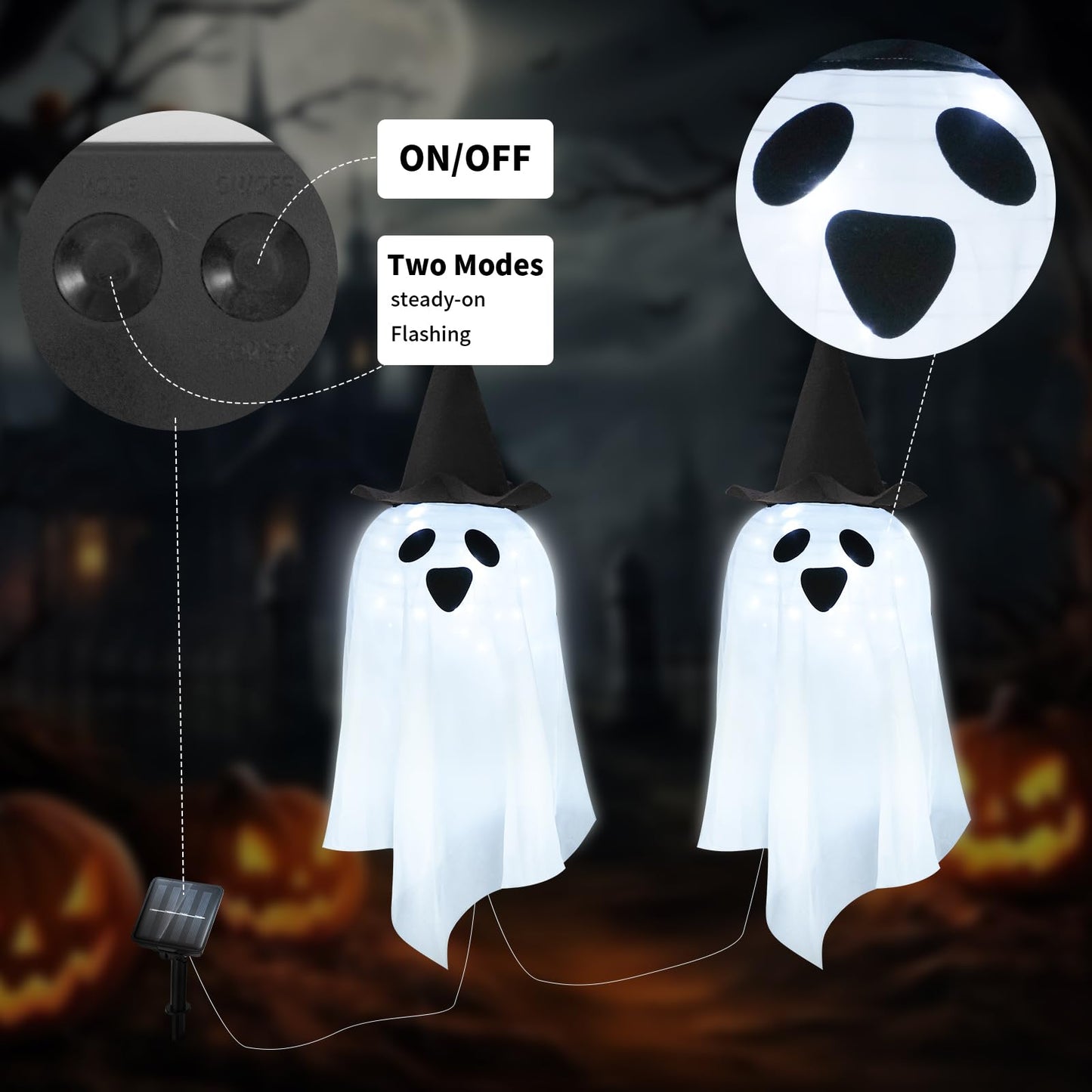 DAYLIGHTIR Solar Halloween Ghost LED Lights Outdoor, Set of 2 Big Ghost with Hat Stake Lights 2 Modes for Outdoor Halloween Pathway Yard Garden Decoration (Cool White-Ghost, 2 Pack)