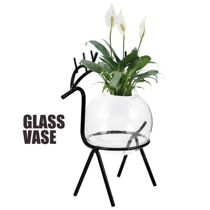 Uonlytech Hydroponic Flower Vase and Glass Plant Container with Metal Stand, Black Desktop Planter for Home and Office Decoration, Nordic Style Terrarium for Succulents and Green Plants