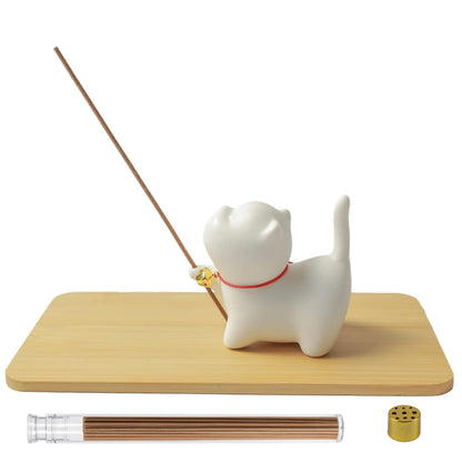 Upgraded Package Incense Holder Handmade Ceramic Cat, Incense-Stick Holder with Sticks, Bamboo Mat and Brass Incense Stand, Cute Cat Insence Burner Holder for Meditation Yoga Massage Home Decor Gift
