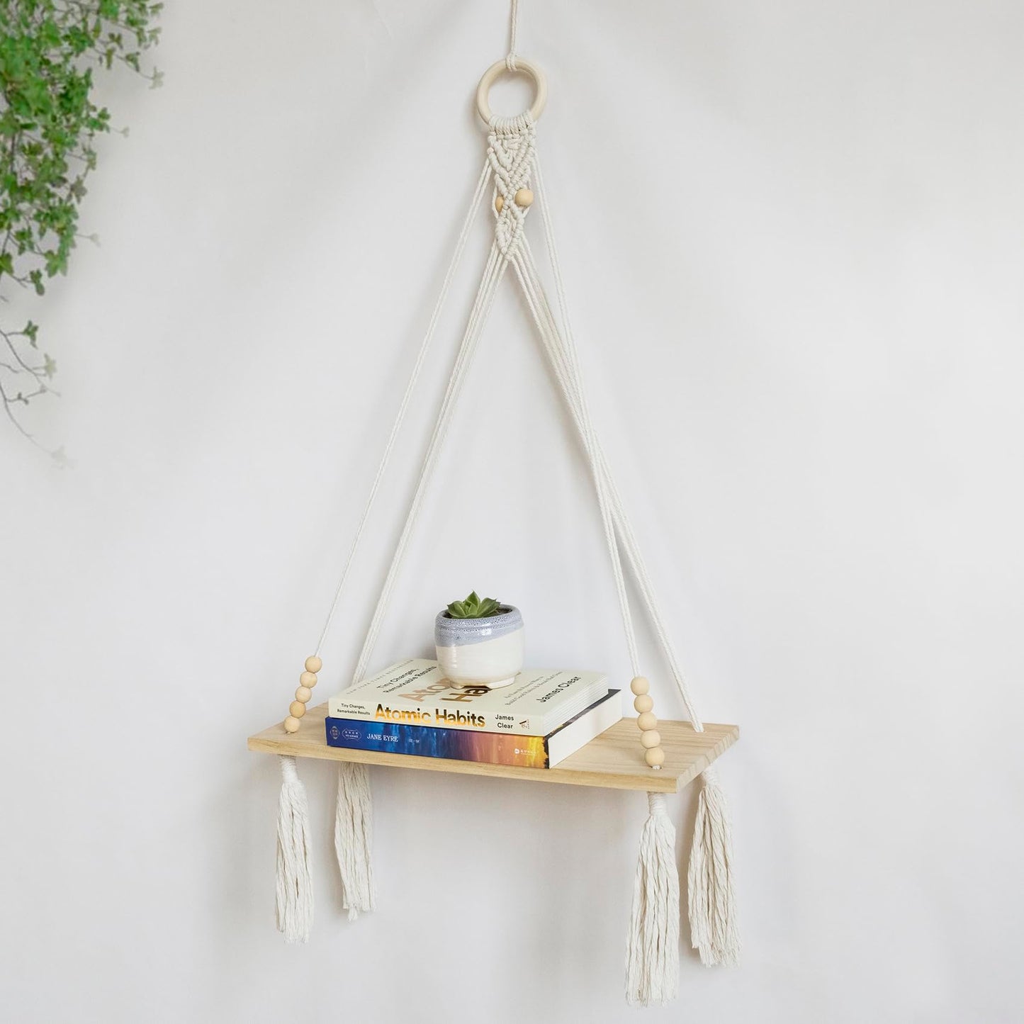 HVEST Macrame Wall Hanging Shelf Boho Wall Decor Floating Storage Book Shelf Beige Handmade Woven Tapestry for Bedroom Living Room Dorm Nursery Bathroom Wall Art Macrame Plant Hanger