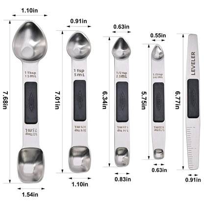 Mafier Magnetic Measuring Spoons,Stainless Steel Dual Sided Tablespoons,Extra Long Handle for Deep Jars,Heart-Shaped&Square Heads that More Easier to Excavate,Laser Markings,Non-Slip Grip(set of 5)