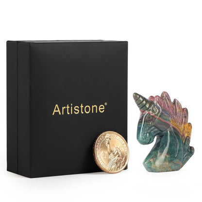 Artistone 2" Unicorn Crystal Gemstone Statue Figurine Sculpture Collection Hand Carved Reiki Healing Crystal Stone(Ocean Jasper)