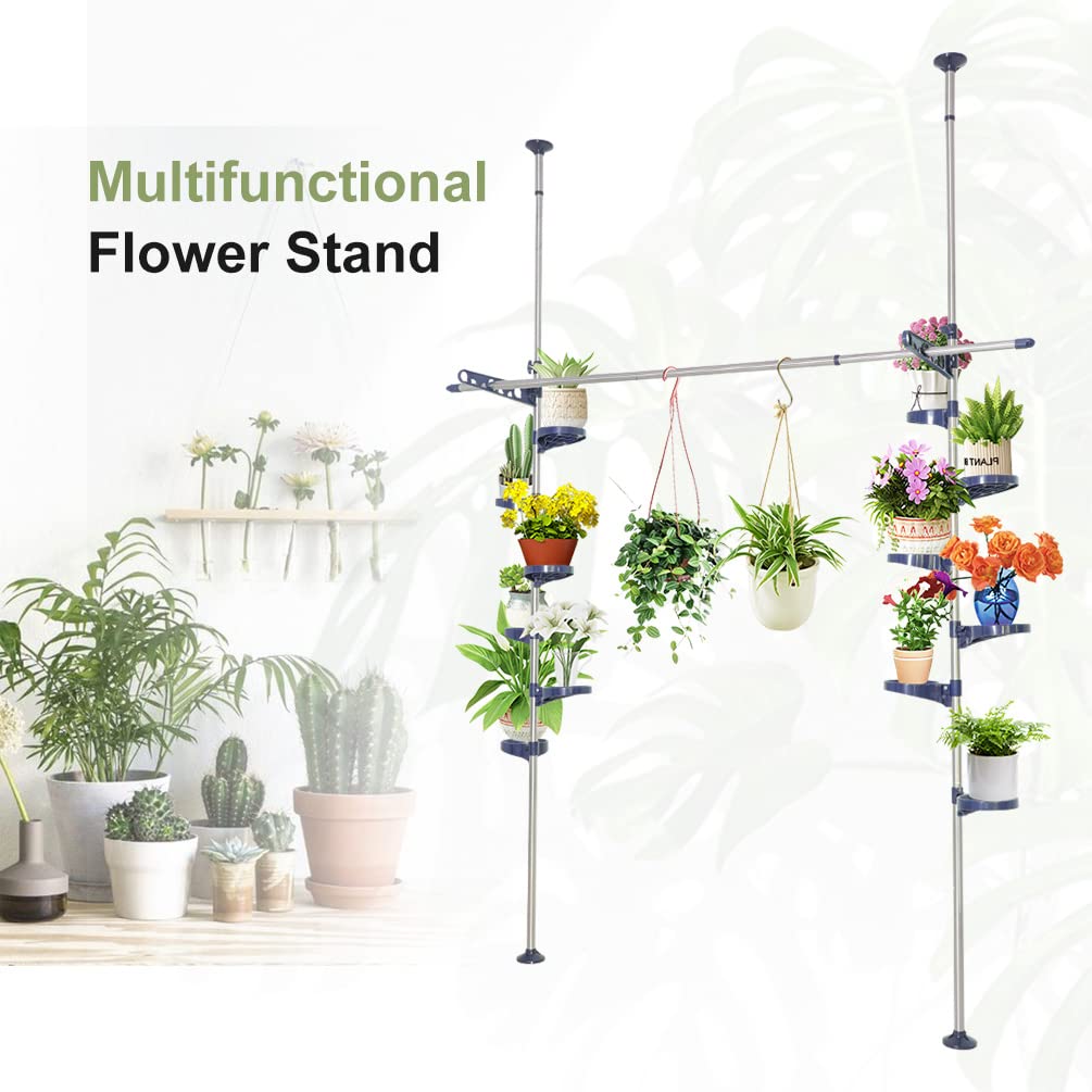 BAOYOUNI Indoor Tension Plant Pole Stands Double Rods Flower Pots Storage Shelf Floor to Ceiling Display Rack Hanger with 12 Trays, 2 Hooks & 1 Telescopic Rod for Clothes Drying, Navy Blue
