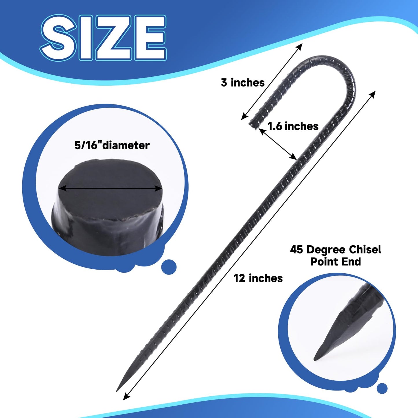 Homwin 12 Inch Heavy Duty Rebar Stakes, 20-Pack Galvanized Steel J Hook Tent Stakes for Outdoor Decorations, Inflatables, Fencing, Gardening, Gazebo and Swing Set Anchors