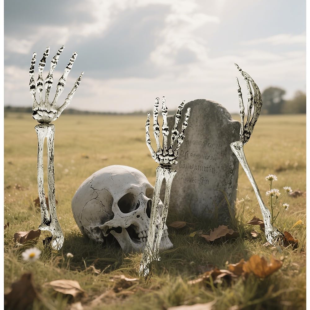 JIEFULL Halloween Skeleton Hands Stakes for Yard, Plastic Realistic Zombie Ghost Scary Arm Stake for Outdoor Lawn Props Party Decorations(2 Pairs)