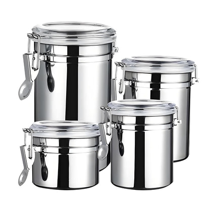 4-Piece Stainless Steel Airtight Canister Set with Clear Lids, 28/32/38/65 oz Food Storage Containers with Clamp Locks for Coffee, Tea, Sugar, Flour, Candy, Cookie, Kitchen Organization (Silver)