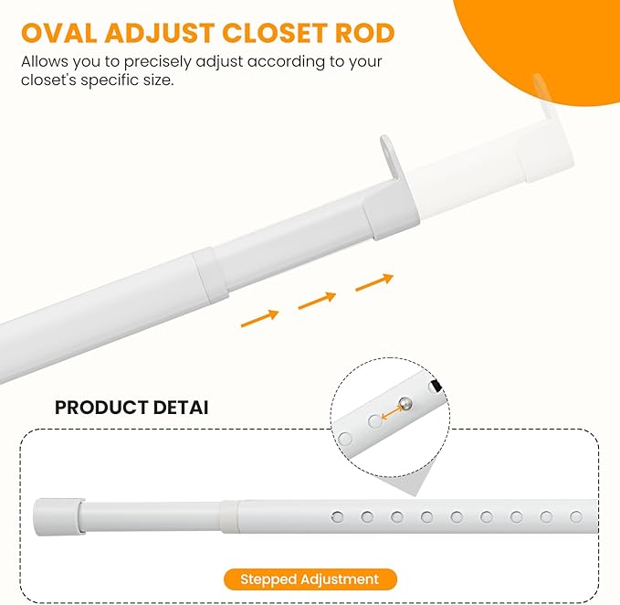 Oval Closet Rod for Hanging Clothes 18 to 52 Inch Adjustable with Snap Fasteners Heavy Duty 1 inch Diameter With End Supports White Poles Bar Closet Rod Expandable for Wardrobes